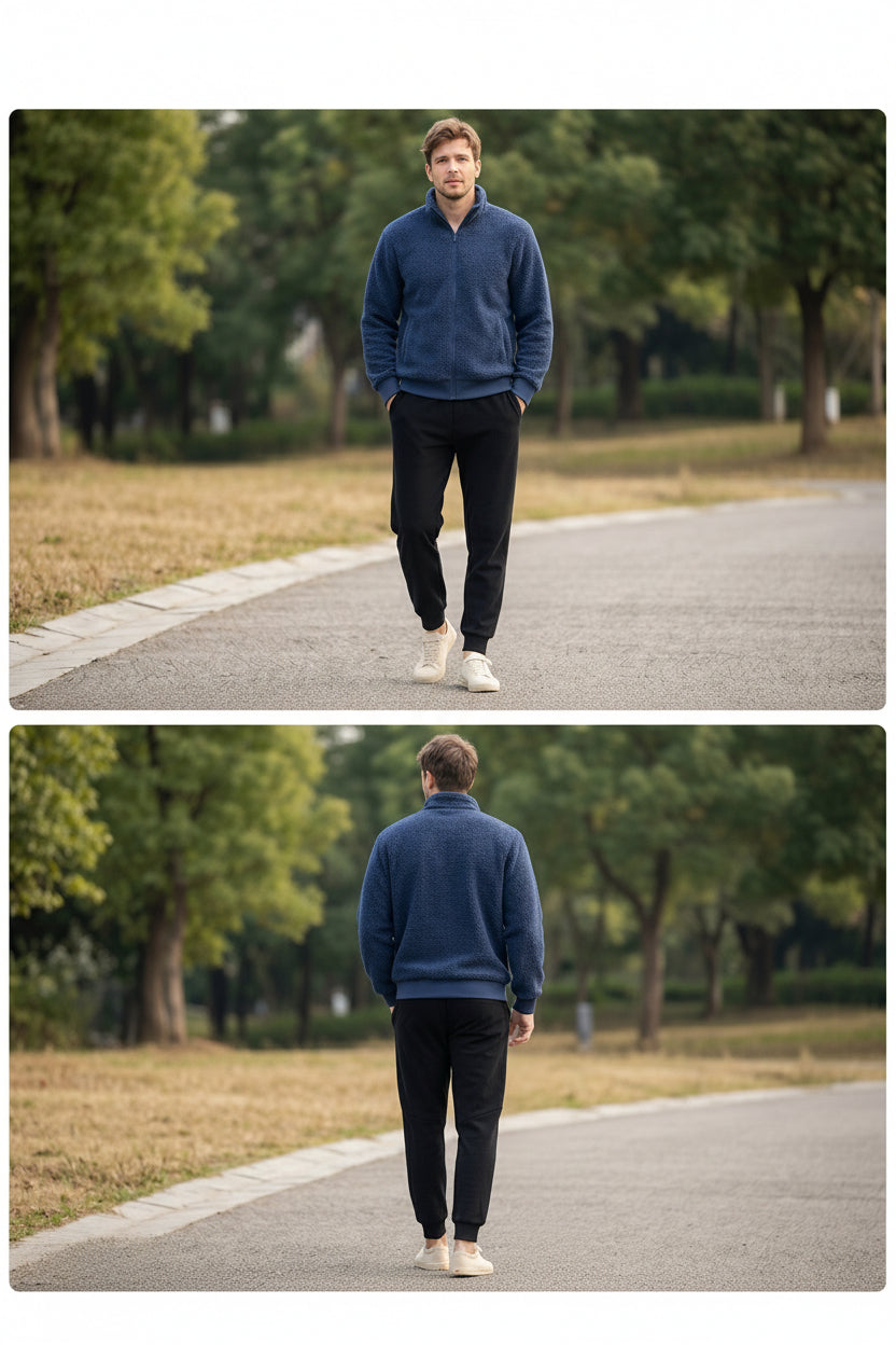 Man walking on a path with trees in the background, wearing a blue sweater and black pants.